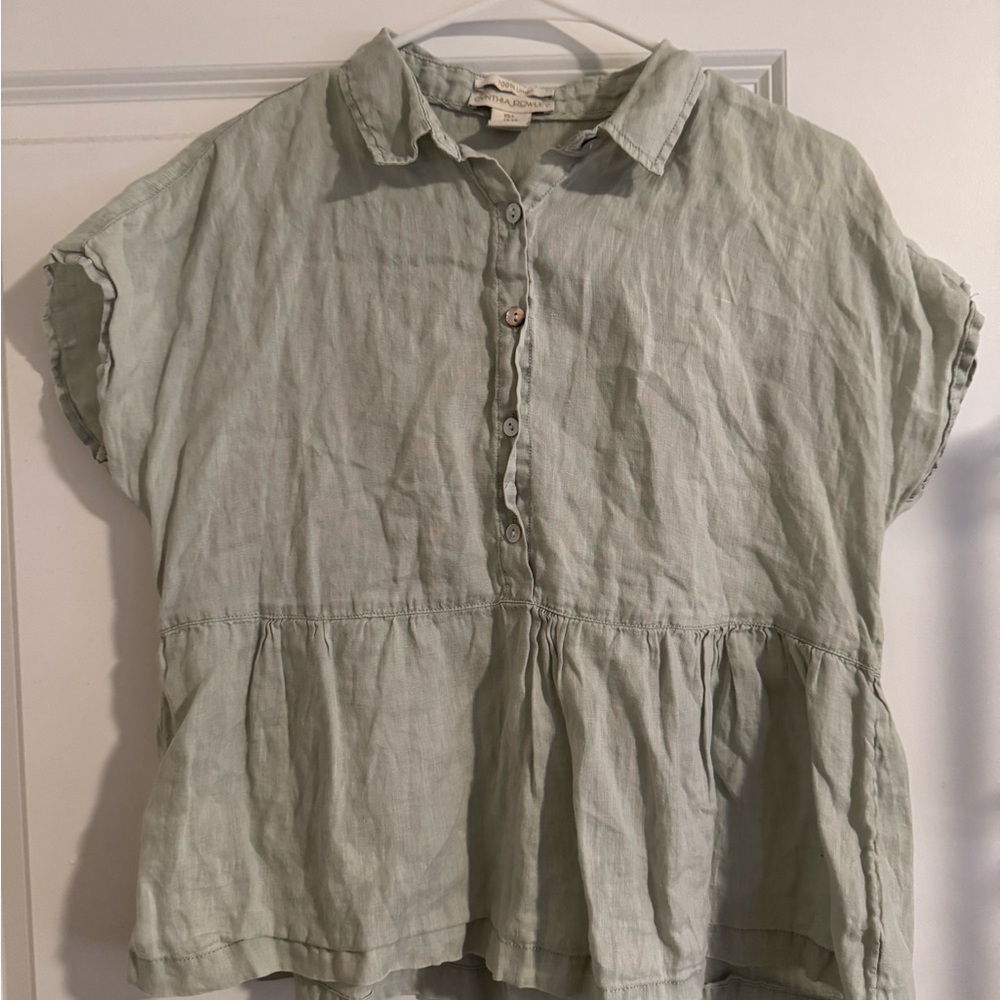 Cynthia Rowley Shirt Sz M Dusk Blue Linen Short Sleeve Babydoll Peplum Top
